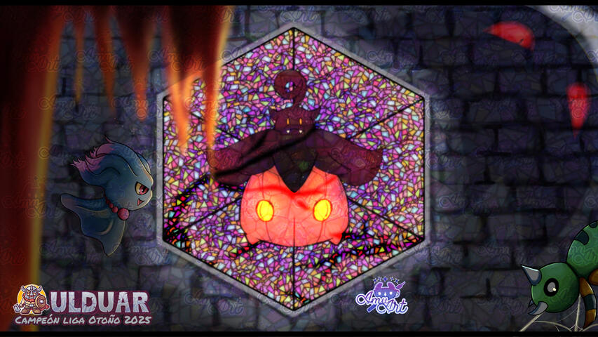 Different Pokémon in an abandoned castle with a Pumpkaboo window. Pokémon on stage: A shadow of Gengar. A Spinarak. And a Misdreavus.